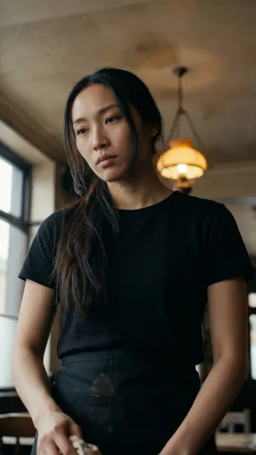 A waitress in black, mid-shift