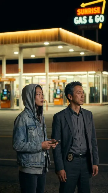 Two figures under a gas station canopy at night